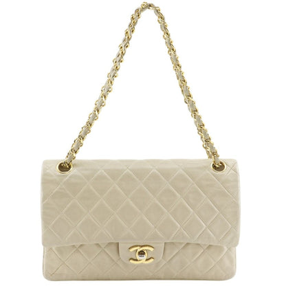 Chanel Chain Shoulder Quilted 25 Double Flap Lambskin Beige Bag