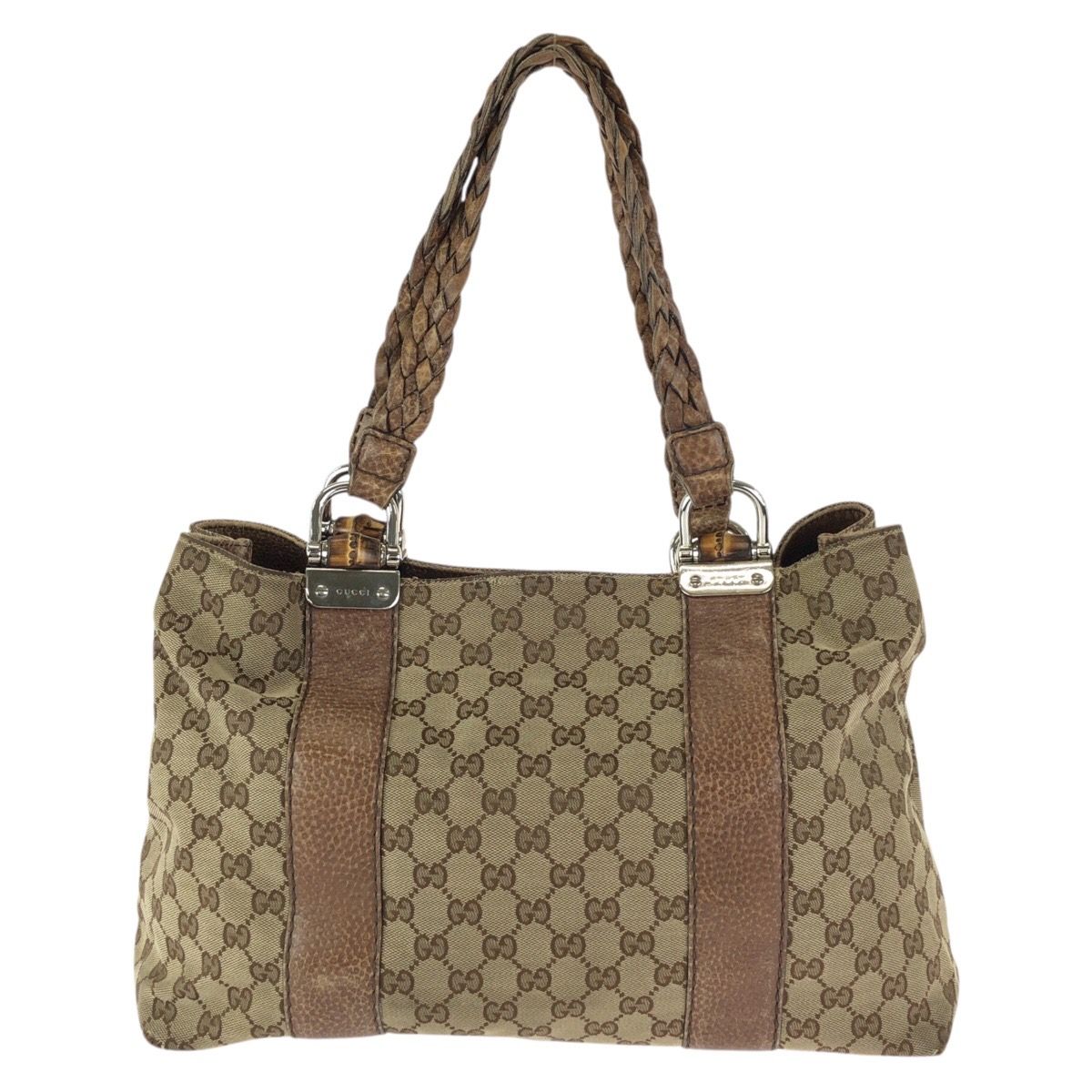 Gucci Bamboo Beige Brown Silver GG Canvas Leather Tote Shoulder Bag