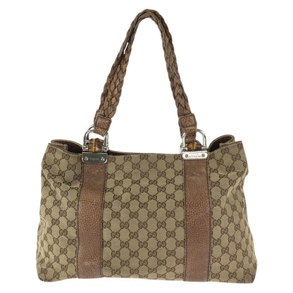 Gucci Bamboo Beige Brown Silver GG Canvas Leather Tote Shoulder Bag