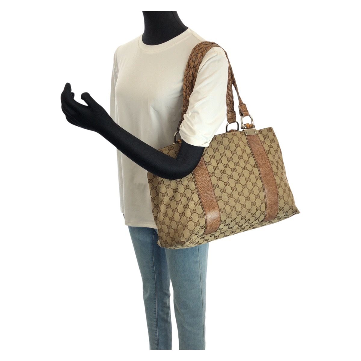 Gucci Bamboo Beige Brown Silver GG Canvas Leather Tote Shoulder Bag — view 7