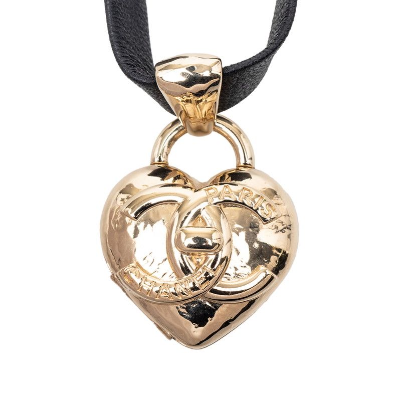Chanel Heart Locket Turnlock Motif Necklace Gold Black Plated Leather — view 2