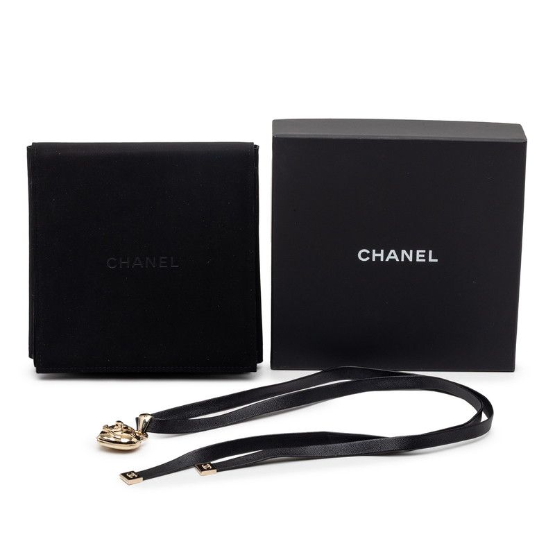 Chanel Heart Locket Turnlock Motif Necklace Gold Black Plated Leather — view 6