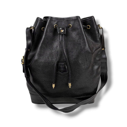 Celine Drawstring Shoulder Bag Black Leather Gold Vintage