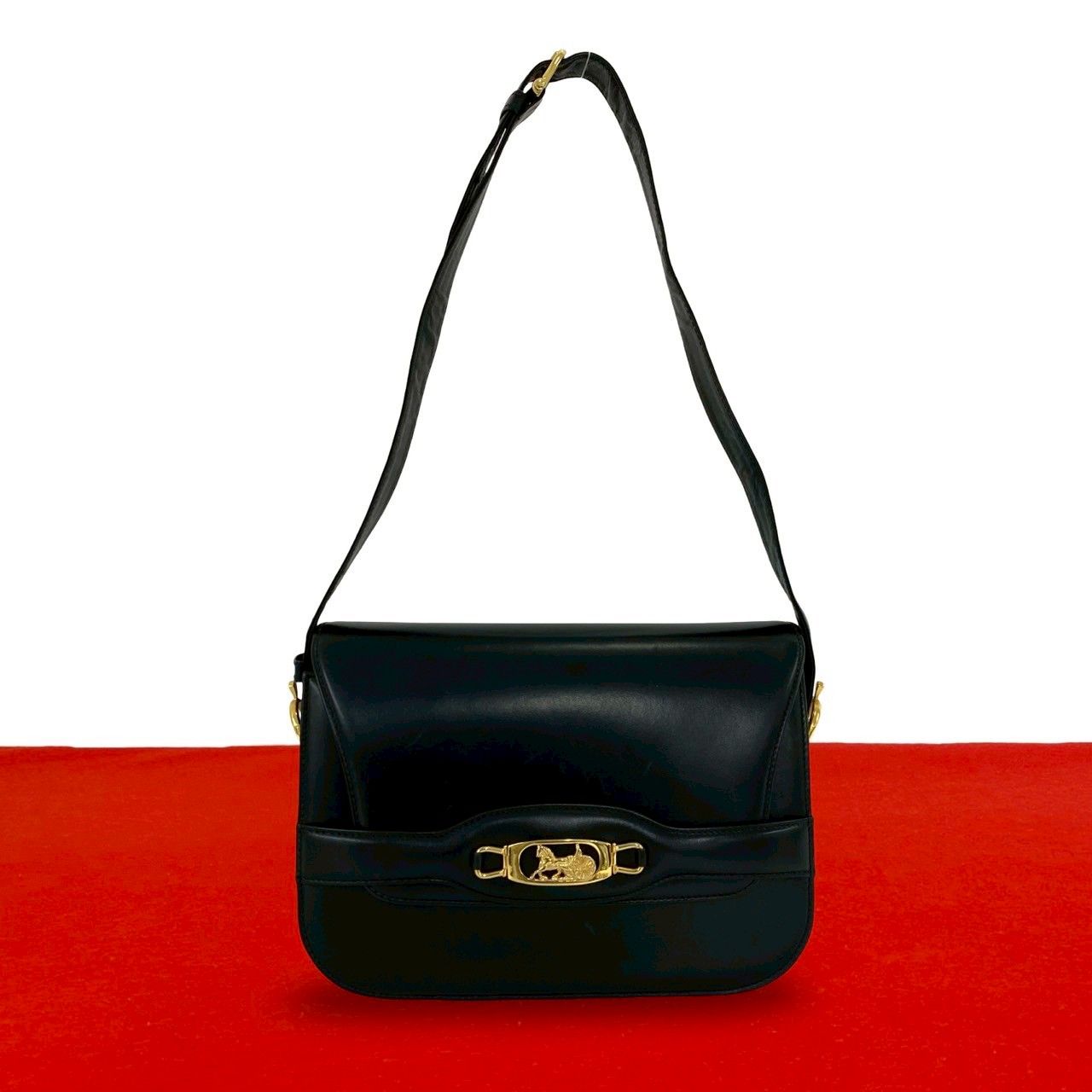 Celine Vintage Logo Carriage Calf Leather Shoulder Bag Pochette Black