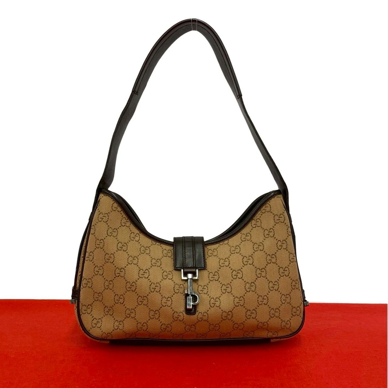 Gucci GG Logo Canvas Leather Shoulder Bag Mini Tote Brown Beige