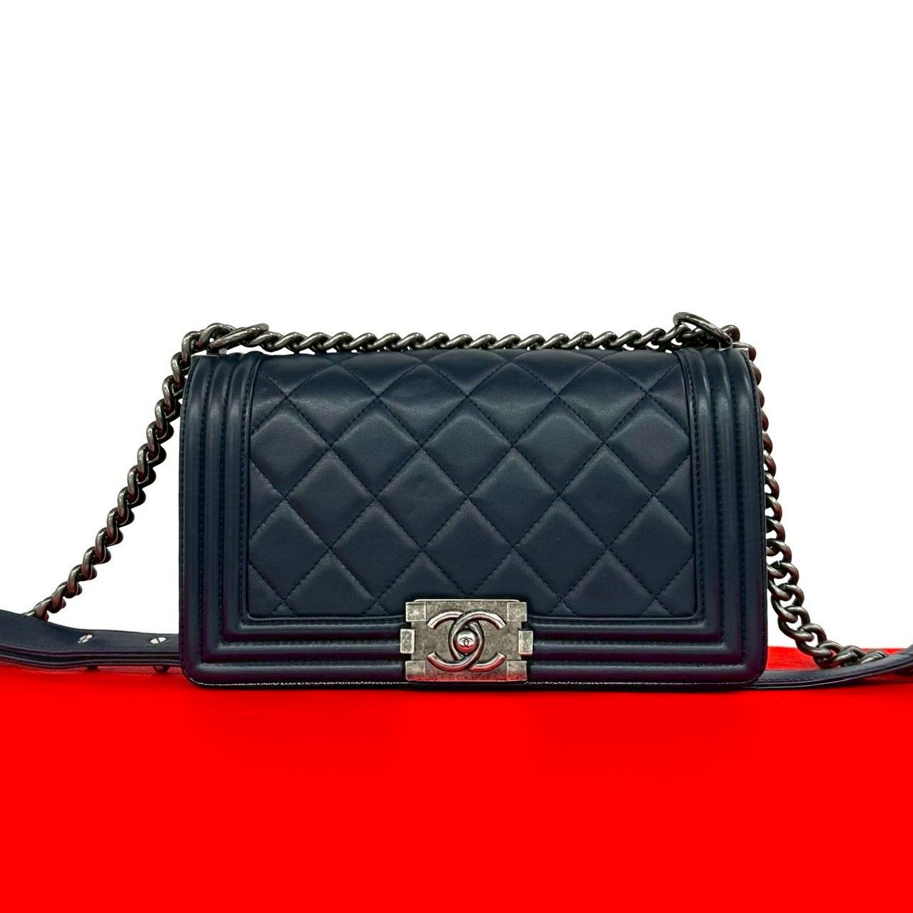 Chanel CC Logo Leather Chain Shoulder Bag Navy