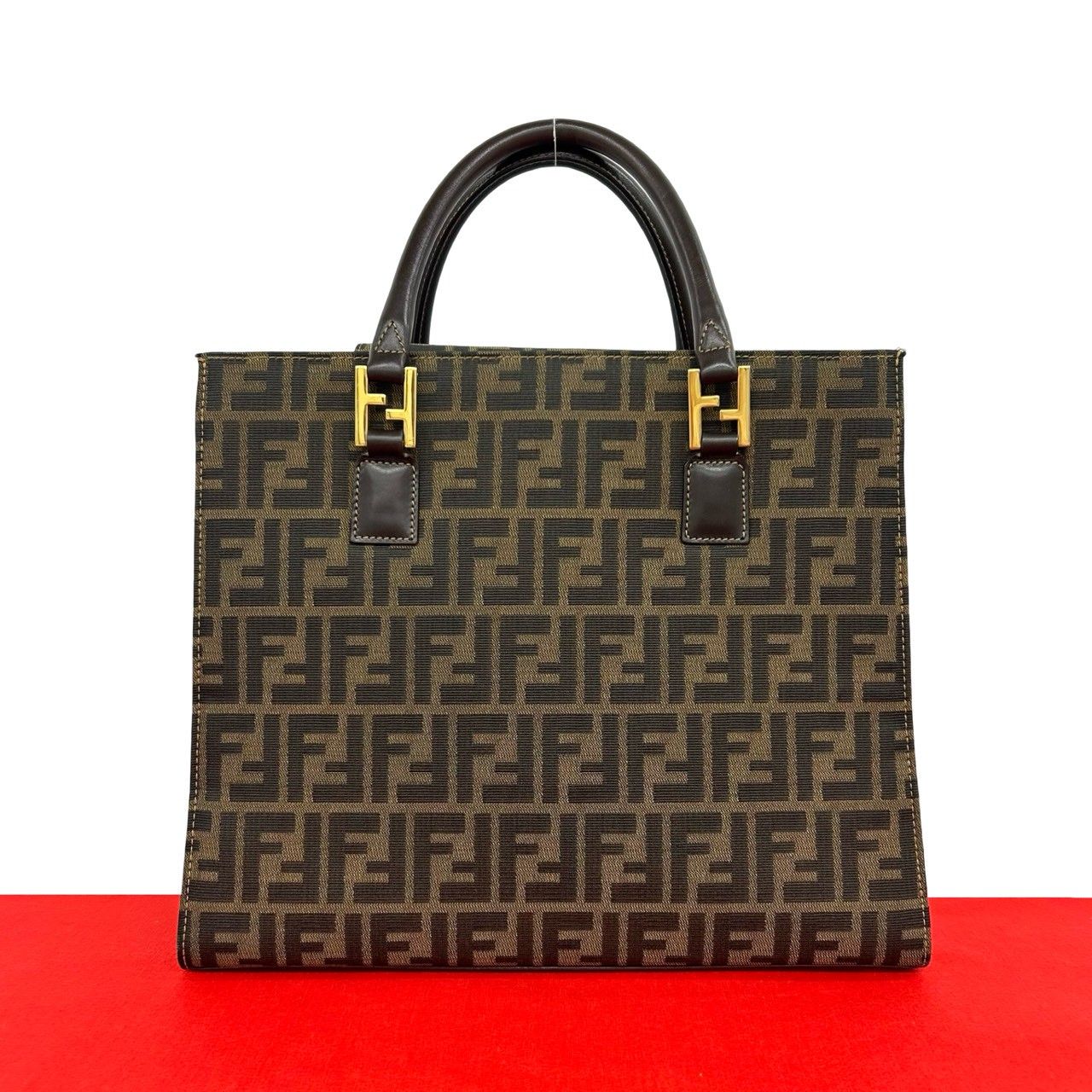 Fendi Vintage Zucca FF Logo Pattern Canvas Leather Tote Brown