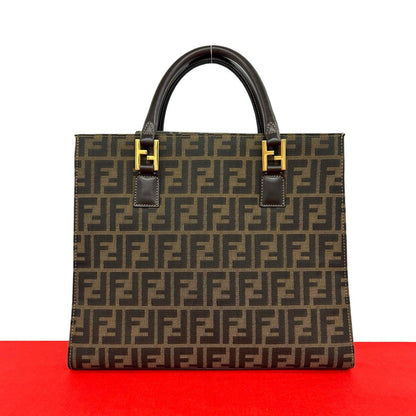 Fendi Vintage Zucca FF Logo Pattern Canvas Leather Tote Brown