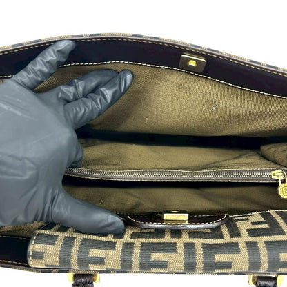 Fendi Vintage Zucca FF Logo Pattern Canvas Leather Tote Brown — view 9