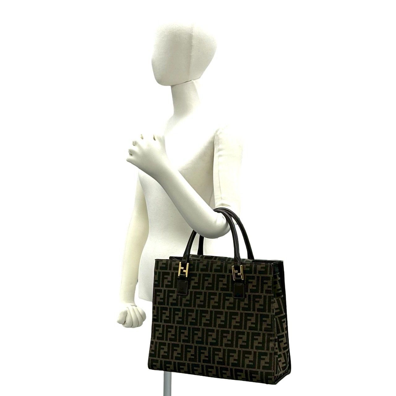Fendi Vintage Zucca FF Logo Pattern Canvas Leather Tote Brown — view 2