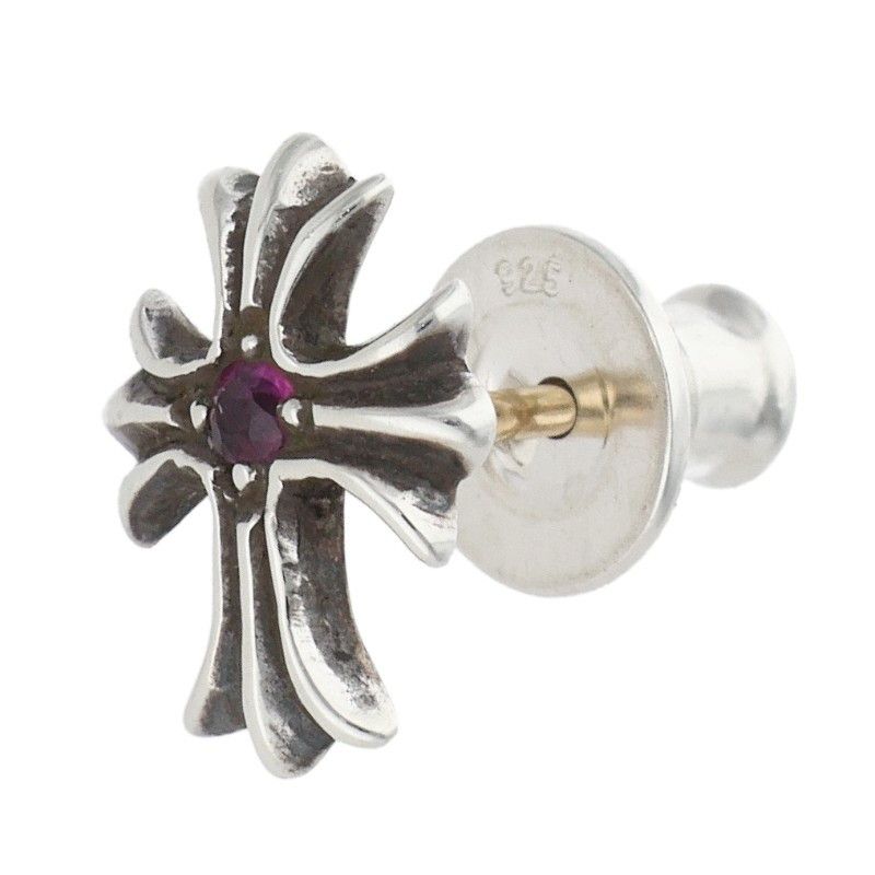Chrome Hearts No2 CH Pls Crs CH Cross Stud 1 Saffiano 1 Pink Silver Earrings