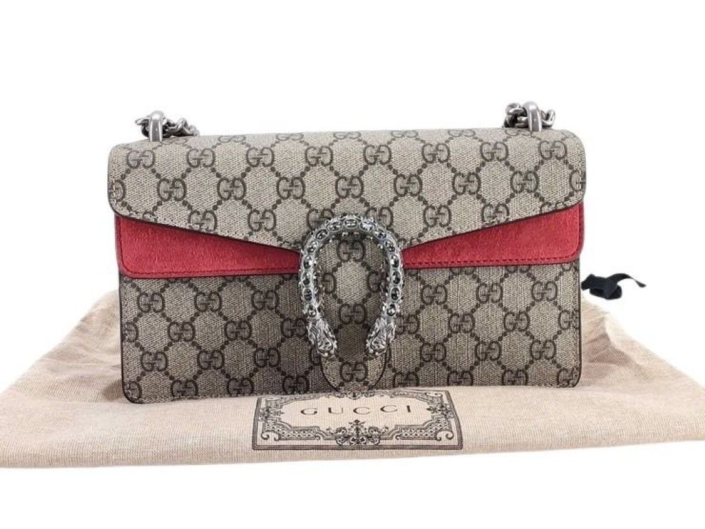 Gucci Shoulder Bag Dionysus Beige Red GG Supreme Canvas Chain Silver