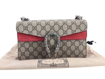 Gucci Shoulder Bag Dionysus Beige Red GG Supreme Canvas Chain Silver