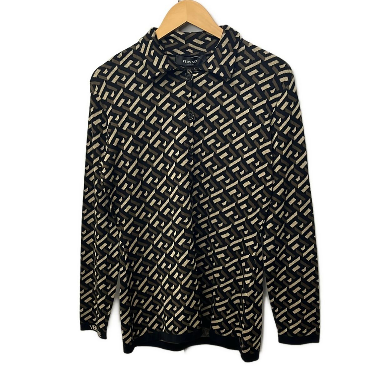 Versace Cardigan 40 M Black Dark Brown Beige Long Sleeve Silk