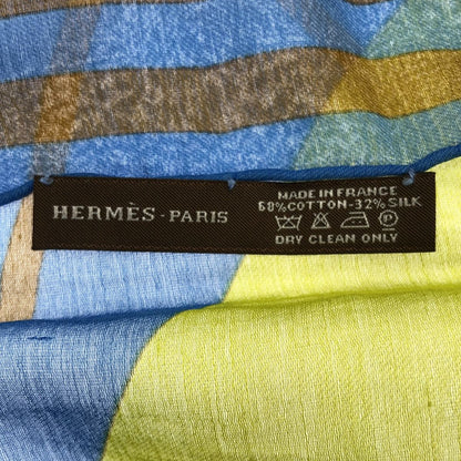 Hermes Puzzle Rectangle Cotton Silk Shawl Blue Scarf — view 3
