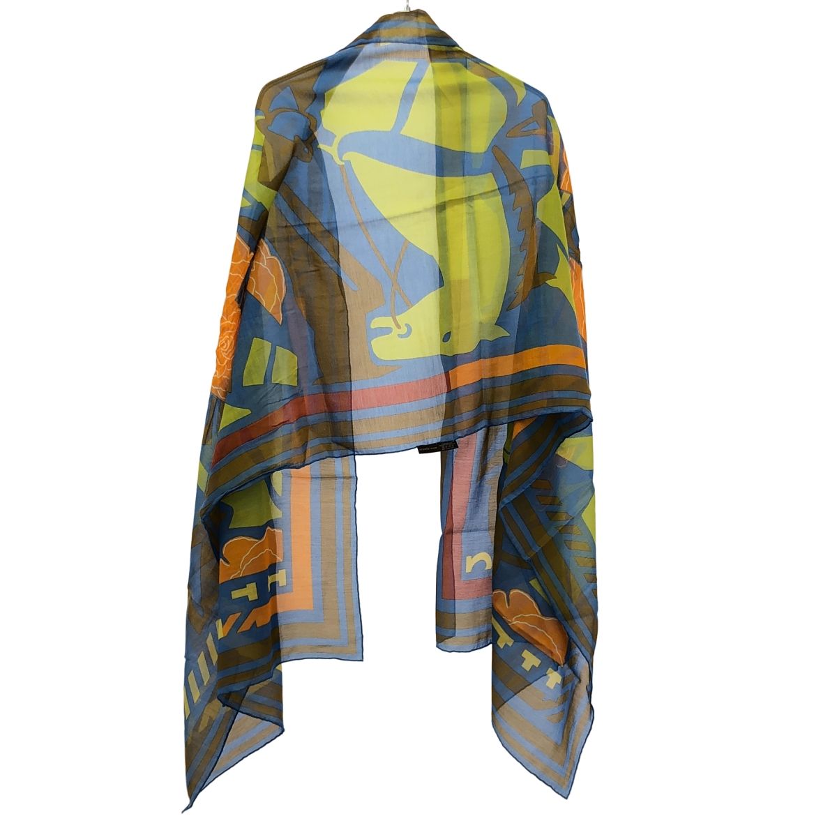 Hermes Puzzle Rectangle Cotton Silk Shawl Blue Scarf — view 2