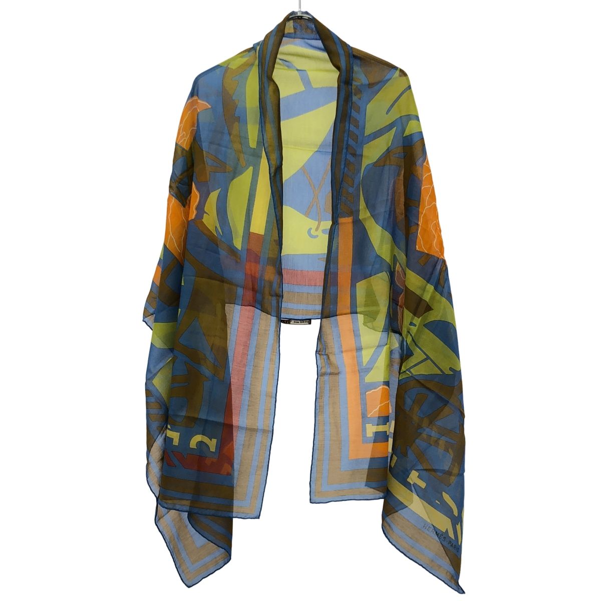 Hermes Puzzle Rectangle Cotton Silk Shawl Blue Scarf