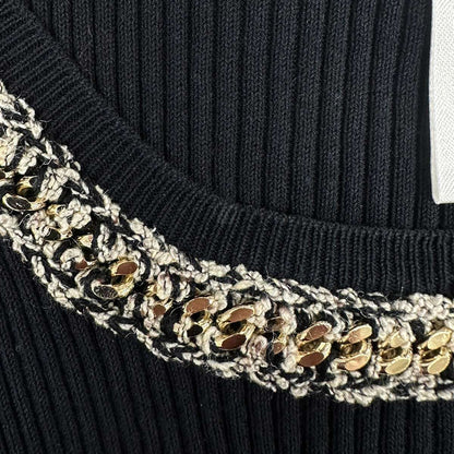 Chanel Chain Tweed Neck Rib Tank Top Black 42 — view 4