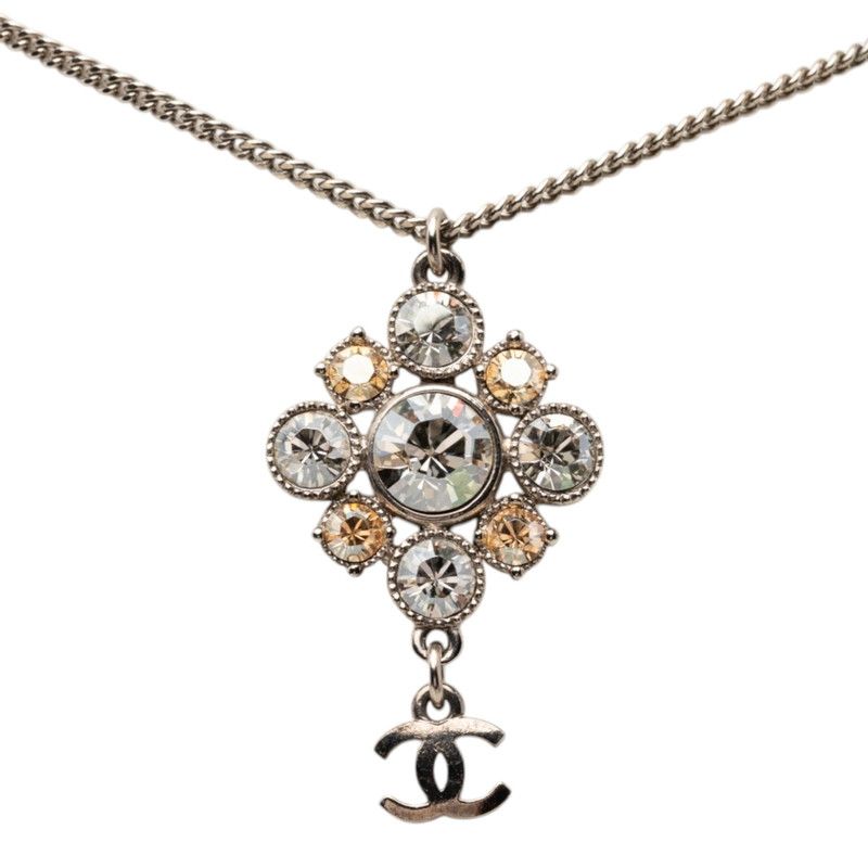 Chanel CC Logo Chain Pendant Necklace Silver Metal Line Stone