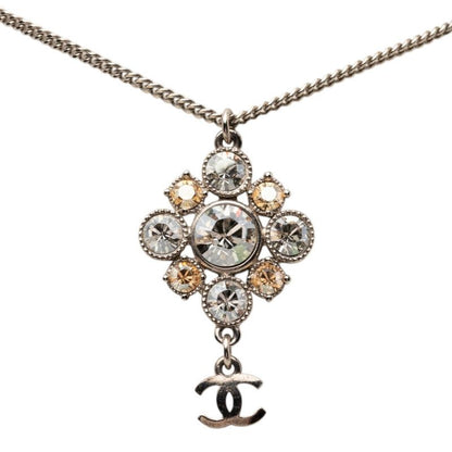 Chanel CC Logo Chain Pendant Necklace Silver Metal Line Stone