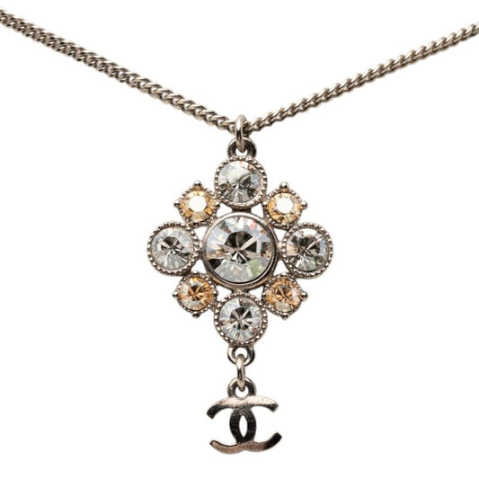 Chanel CC Logo Chain Pendant Necklace Silver Metal Line Stone