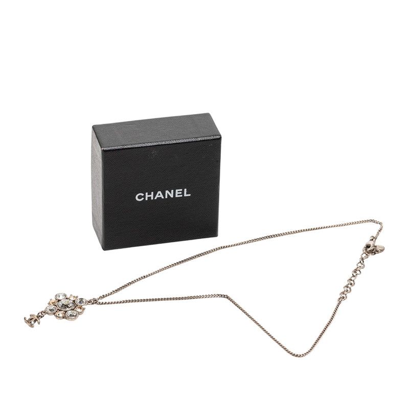 Chanel CC Logo Chain Pendant Necklace Silver Metal Line Stone — view 6