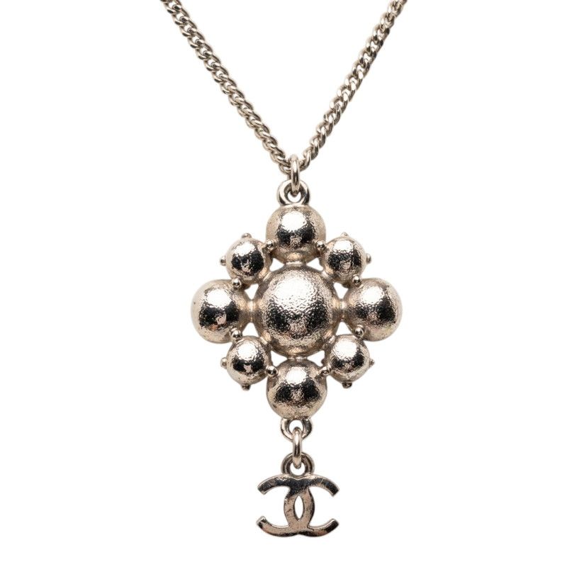 Chanel CC Logo Chain Pendant Necklace Silver Metal Line Stone — view 2
