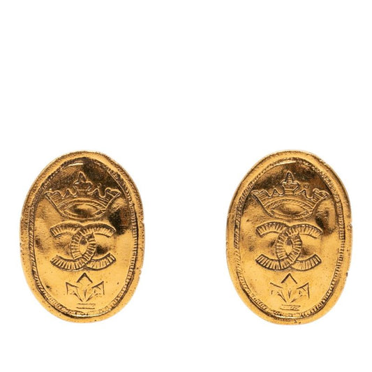 Chanel CC Logo Crown Vintage Earrings Gold Plated
