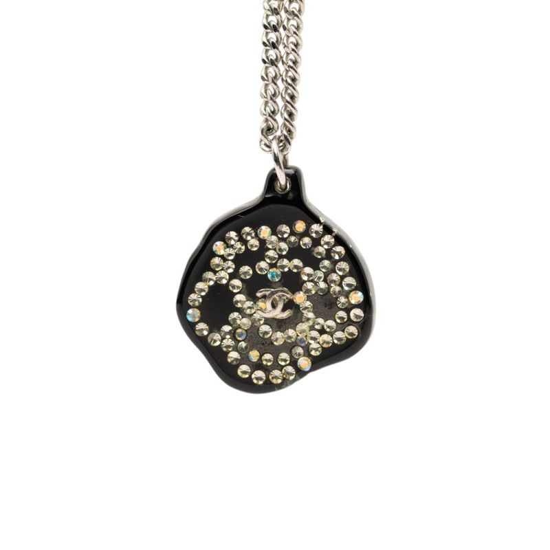 Chanel CC Logo Line Stone Camellia Necklace Black Silver Plastic Metal