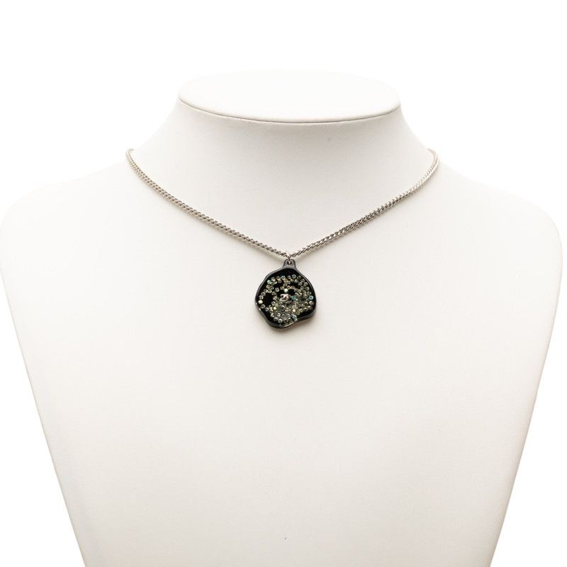 Chanel CC Logo Line Stone Camellia Necklace Black Silver Plastic Metal — view 6