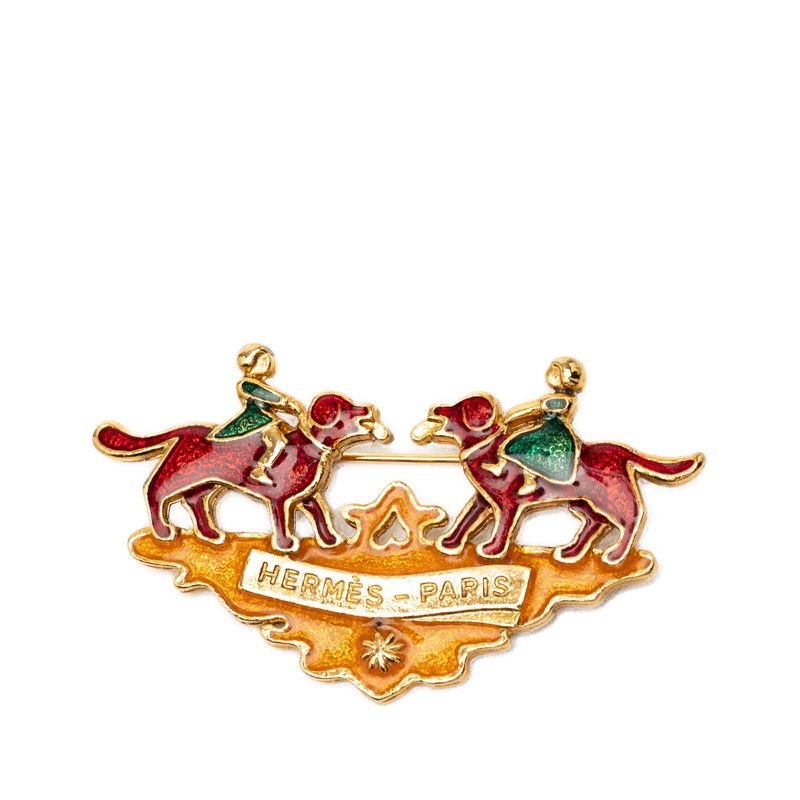 Hermes Girl and Dog Cloisonne Brooch Gold Multicolor Plated