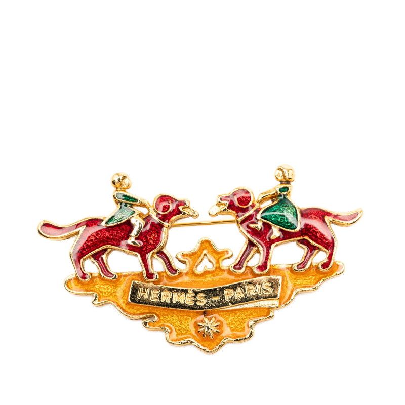 Hermes Girl and Dog Cloisonne Brooch Gold Multicolor Plated — view 2