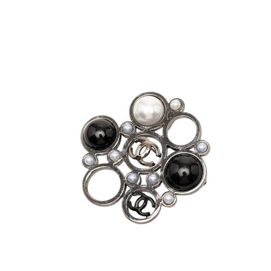 Chanel CC Logo Brooch Silver Multicolor Metal Faux Pearl