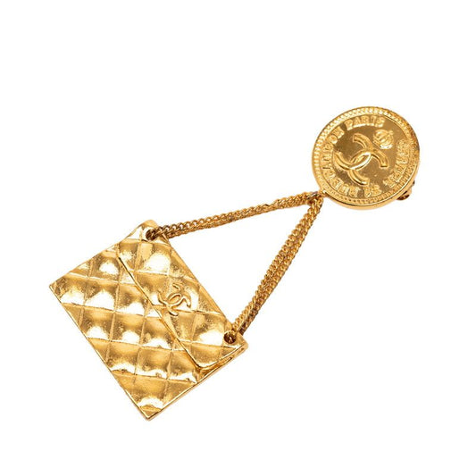 Chanel Vintage CC Logo Quilted Bag Motif Brooch Gold Plated