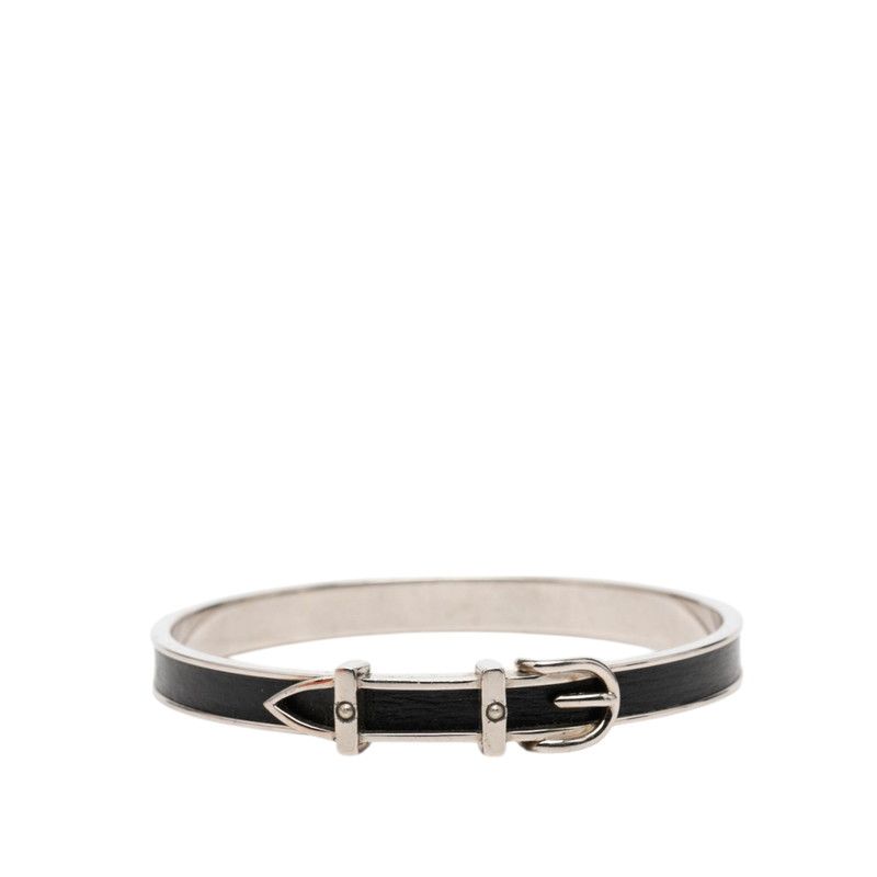 Hermes Ceinture Belt Motif Bangle Silver Black Metal Leather 1- Bracelet