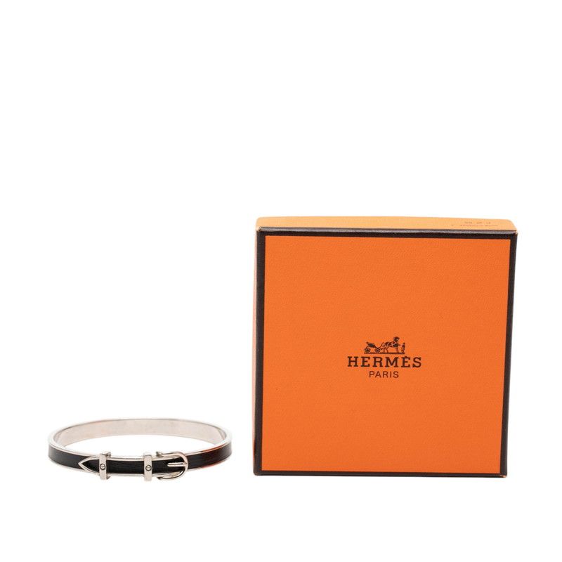 Hermes Ceinture Belt Motif Bangle Silver Black Metal Leather 1- Bracelet — view 6