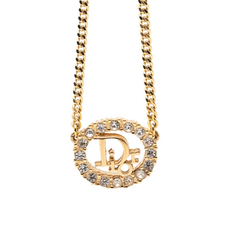 Dior Logo Necklace Gold Plated Line Stone