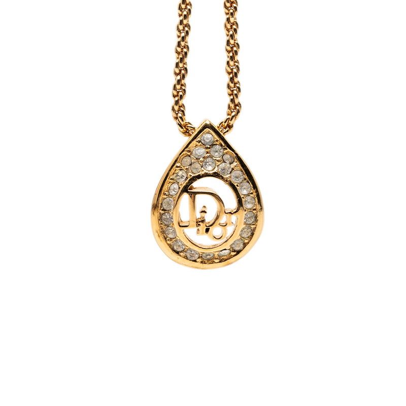 Dior Teardrop Logo Necklace Gold Plated Line Stone