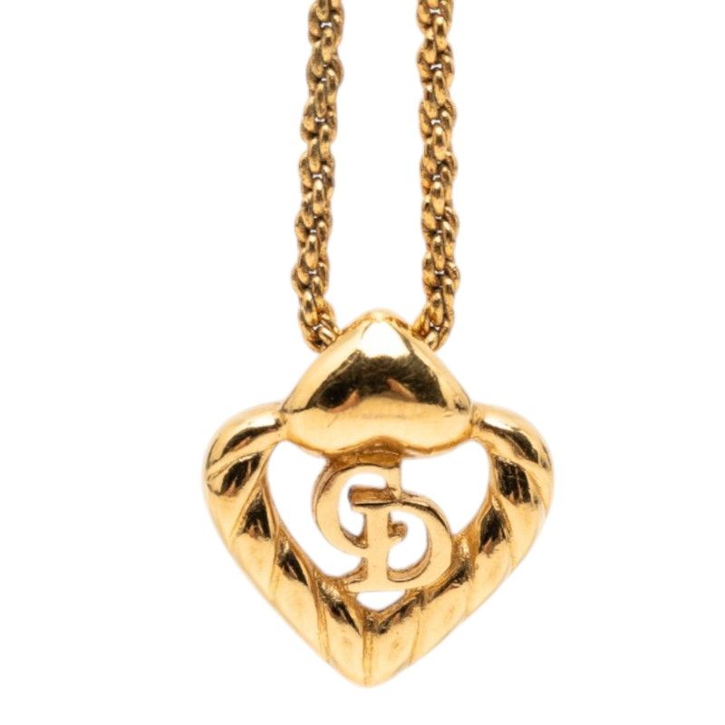 Dior CD Logo Heart Motif Pendant Necklace Gold Plated