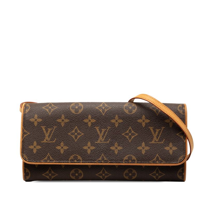 Louis Vuitton Monogram Pochette Twin GM Crossbody Shoulder Bag Brown Leather