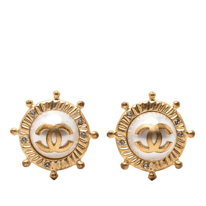 Chanel CC Logo Line Stone Earrings Gold Plated Faux Pearl