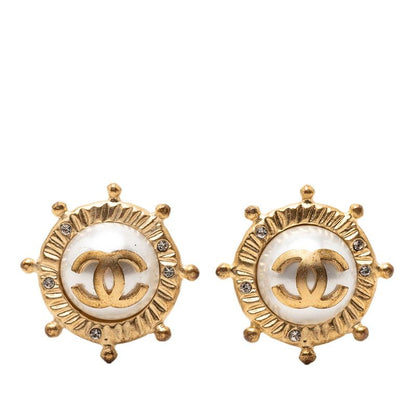 Chanel CC Logo Line Stone Earrings Gold Plated Faux Pearl