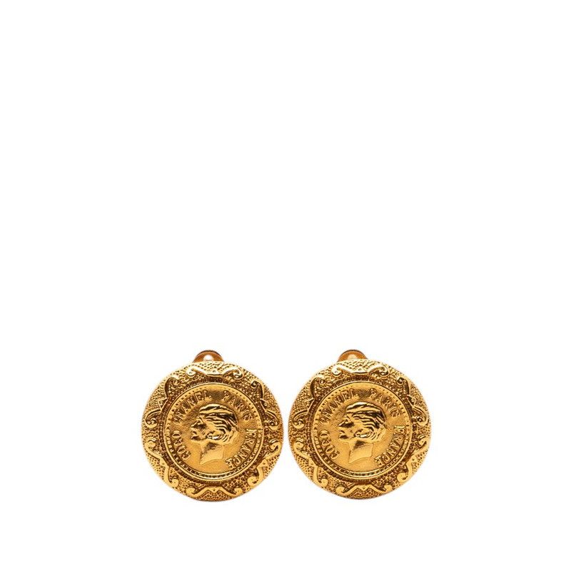 Chanel Vintage Coin Motif Earrings Gold Plated