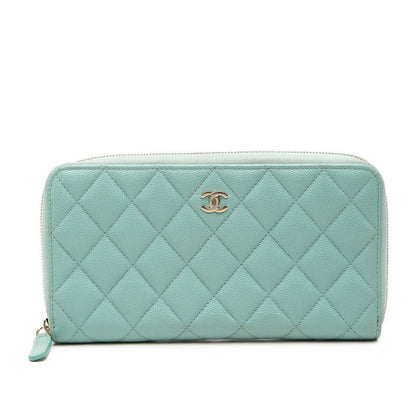 Chanel CC Logo Quilted Round Zip Wallet Light Blue Caviar Leather