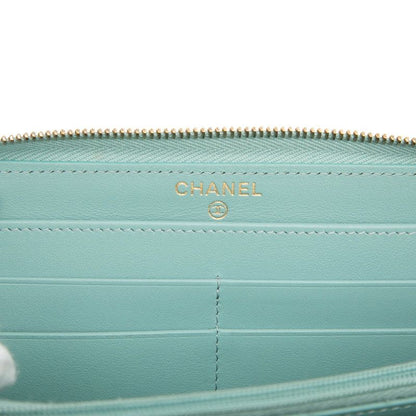 Chanel CC Logo Quilted Round Zip Wallet Light Blue Caviar Leather — view 5