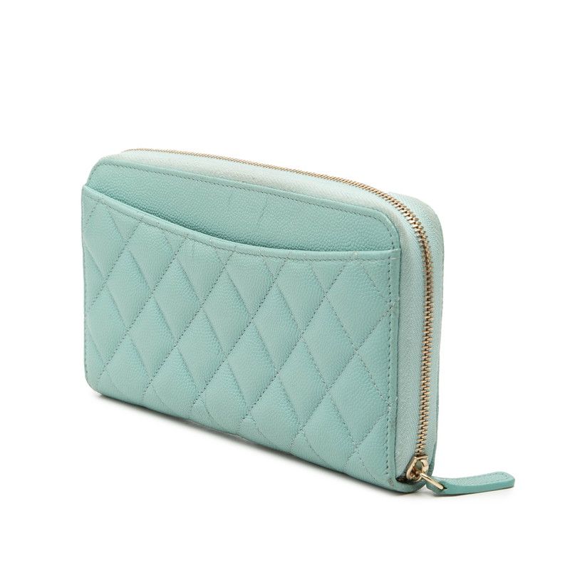 Chanel CC Logo Quilted Round Zip Wallet Light Blue Caviar Leather — view 2
