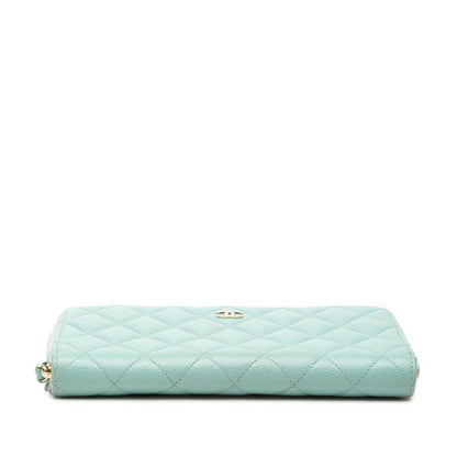 Chanel CC Logo Quilted Round Zip Wallet Light Blue Caviar Leather — view 3