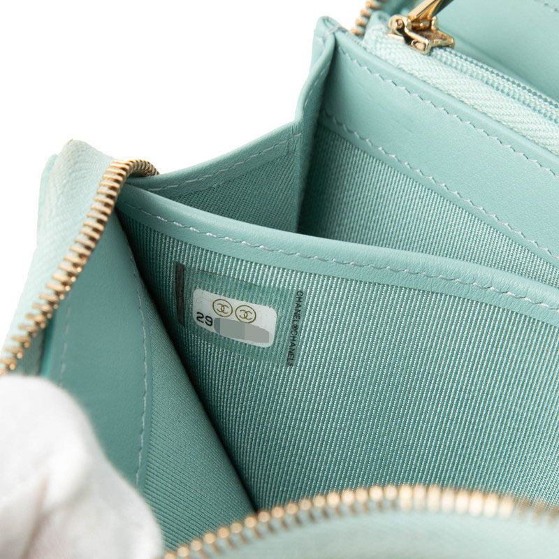 Chanel CC Logo Quilted Round Zip Wallet Light Blue Caviar Leather — view 6