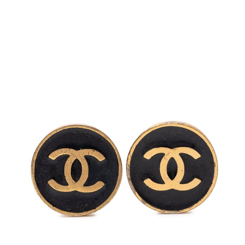 Chanel CC Logo Round Earrings Gold Black Plated Enamel