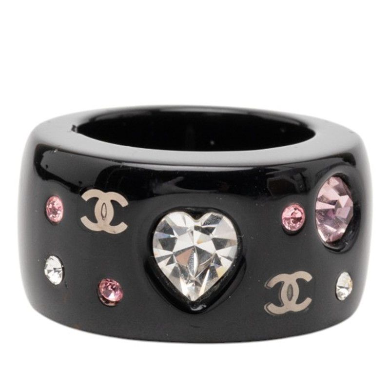 Chanel CC Logo Heart Ring Black Multicolor Plastic Line Stone